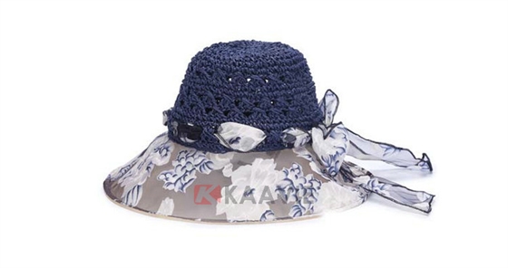 女士雪纺印花拼接蝴蝶结夏季户外透气遮阳草帽加工