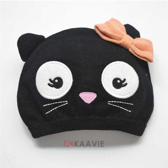 儿童黑色可爱猫咪蝴蝶结毛线针织套头帽