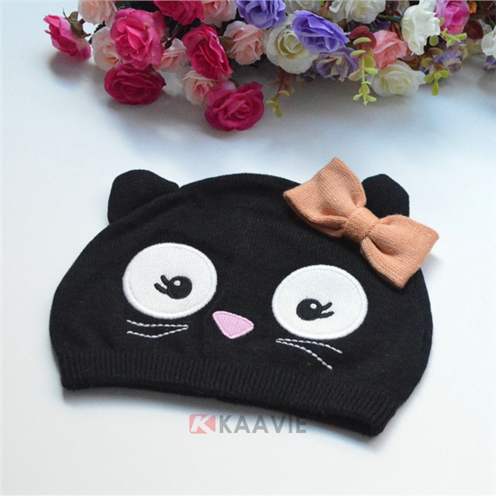 儿童黑色可爱猫咪蝴蝶结毛线针织套头帽