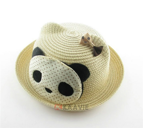 卡通熊猫蝴蝶结贴布绣沙滩遮阳定型草帽