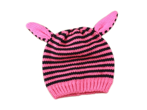 凯维帽业-儿童粉红条纹可爱耳朵针织帽定做