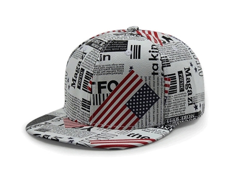 凯维帽业-美国国旗报纸印花平板鸭舌帽订做加工