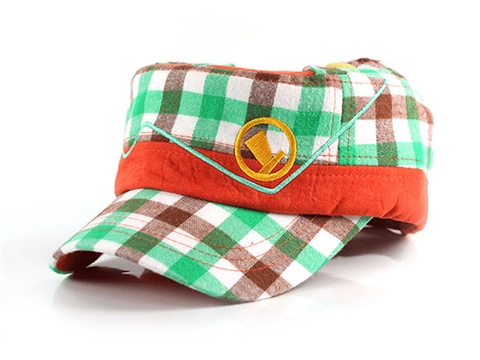 凯维帽业-儿童绿色格子平顶帽订做