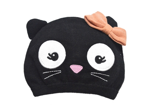 凯维帽业-儿童黑色可爱猫咪蝴蝶结毛线针织套头帽RM253