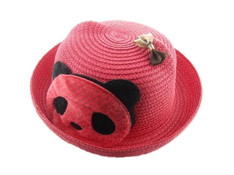 凯维帽业-卡通熊猫蝴蝶结贴布绣沙滩遮阳定型草帽RZ245