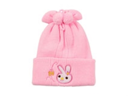 凯维帽业-儿童粉红色小兔子绣花秋冬保暖毛线针织帽RM534