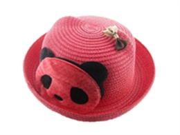 凯维帽业-卡通熊猫蝴蝶结贴布绣沙滩遮阳定型草帽RZ245