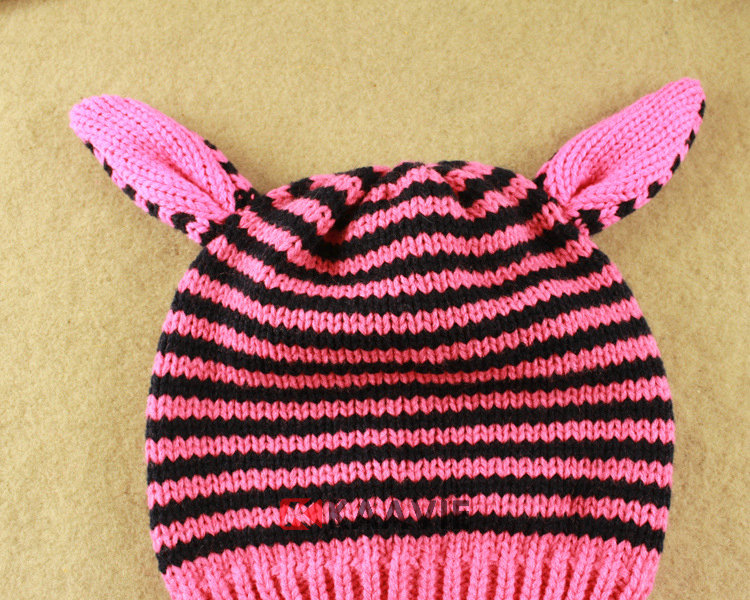 儿童粉红条纹可爱耳朵针织帽定做 