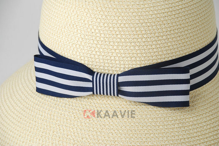 蓝白条纹蝴蝶结夏季女士户外沙滩遮阳纸草草帽定制 