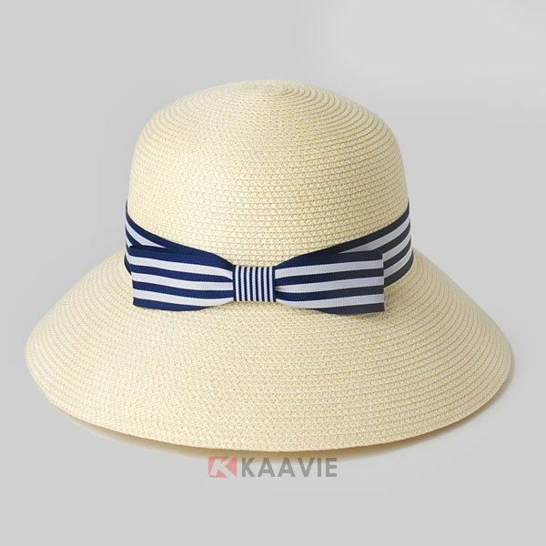 蓝白条纹蝴蝶结夏季女士户外沙滩遮阳纸草草帽定制 