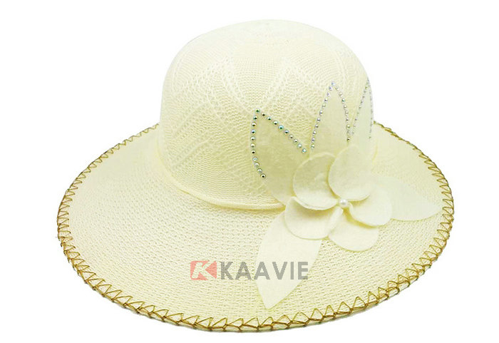米黄色女士新款装饰花时装遮阳草帽 广东广州工厂订制 