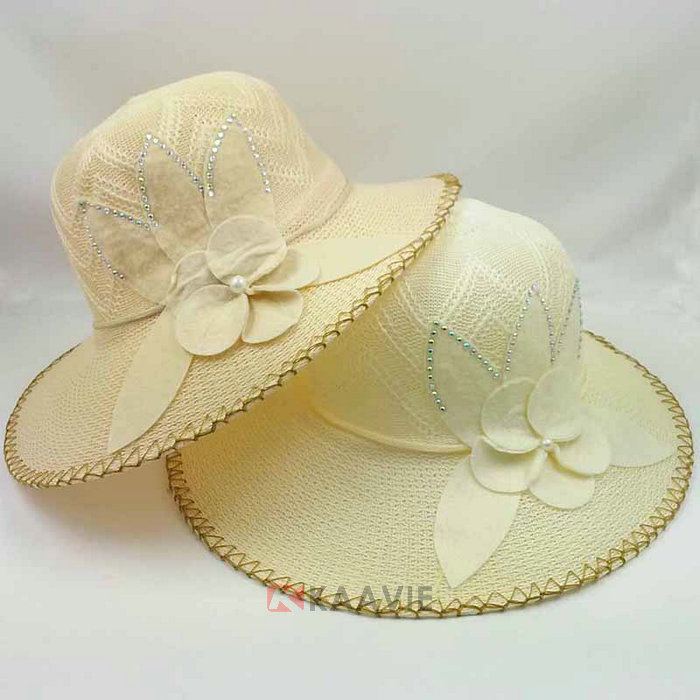 米黄色女士新款装饰花时装遮阳草帽 广东广州工厂订制 