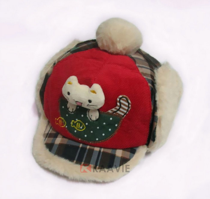  婴儿冬天时尚格子绣花保暖棒球帽 