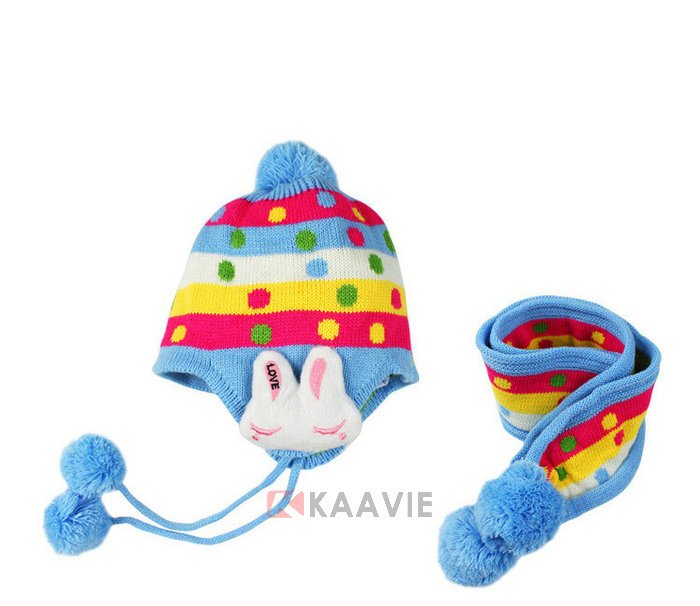 新款儿童小兔子秋冬保暖条纹毛线针织帽