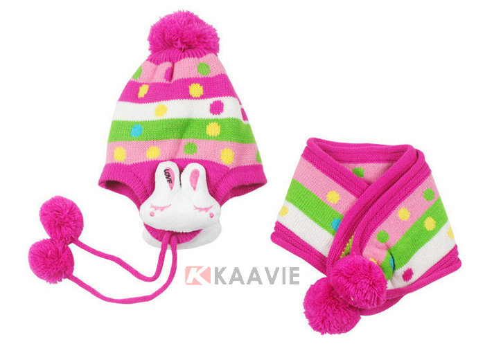 新款儿童小兔子秋冬保暖条纹毛线针织帽