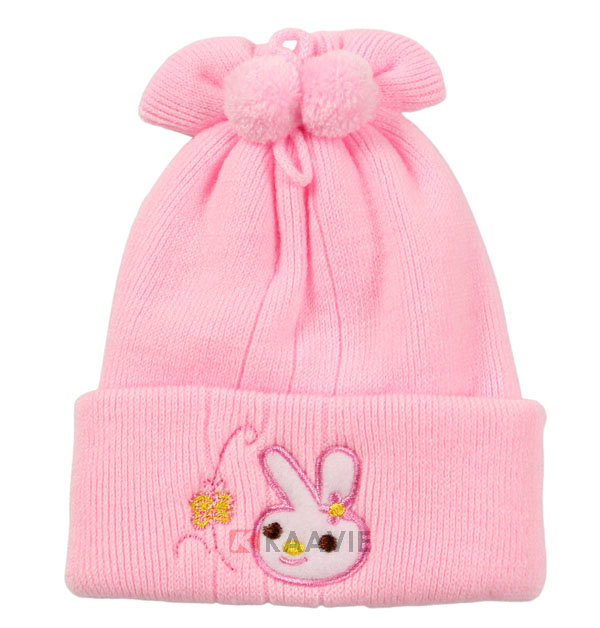 儿童粉红色小兔子绣花秋冬保暖毛线针织帽