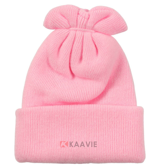儿童粉红色小兔子绣花秋冬保暖毛线针织帽