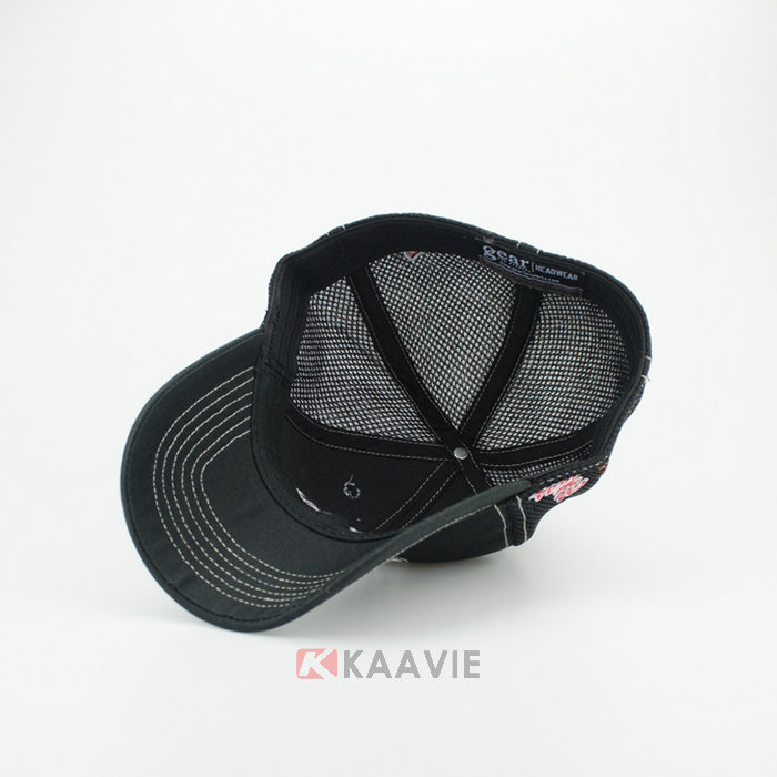 黑色网布3D绣花棒球帽 